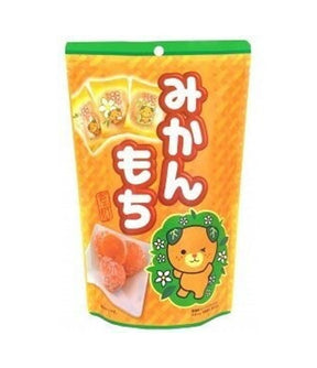 A package of Seiki Orange Mochi featuring an illustration of mochi with a character and a green border.
