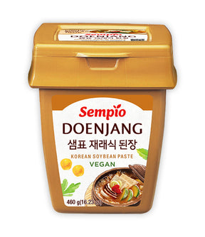 A container of Sempio Doenjang Korean Soybean Paste, vegan, 460g, with labeling in English and Korean.