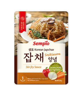Sempio Korean Japchae Stir-fry Sauce package with noodles and vegetables on a white background
