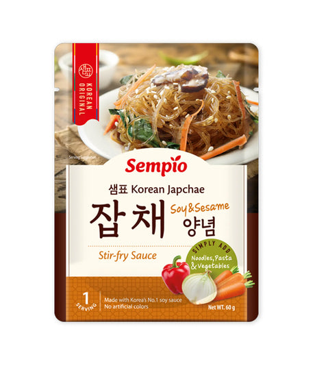 Sempio Korean Japchae Stir-fry Sauce package with noodles and vegetables on a white background