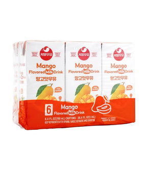 Pack of six mango-flavored milk drink cartons with visible branding on a white background.