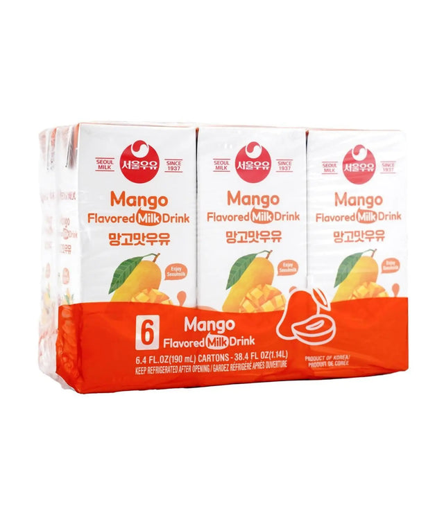 Pack of six mango-flavored milk drink cartons with visible branding on a white background.