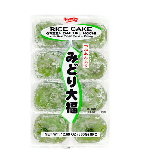 Packaging of Shirakiku Daifuku Mochi with green rice cakes filled with red bean paste, labeled as a product of Taiwan, net weight 360 grams with 8 pieces per package.