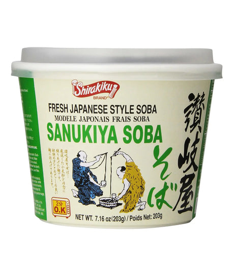Shirakiku brand cup of Sanukiya Soba noodles on a white background