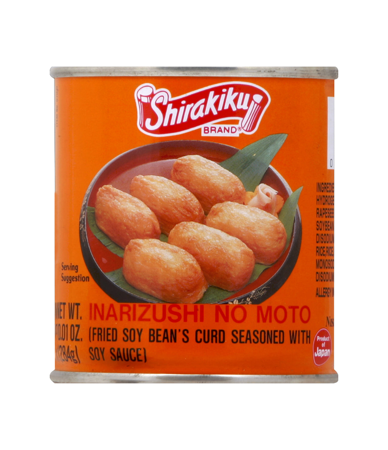A can of Shirakiku seasoned fried bean curd, with an image of the product on the label.