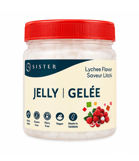 A jar of Sister brand Lychee Flavor Jelly or Gelée, featuring a bright red lid and a cream-colored label with dark blue text and a graphic of fresh red lychees.