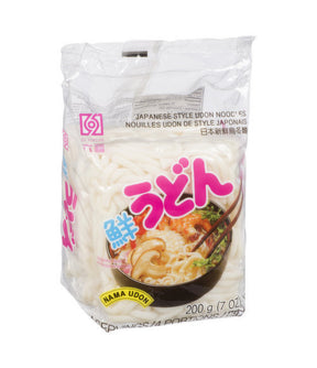 Packaging of Six Fortune Japanese Style Udon Noodles showing the product name, weight (200g), and an image of the noodles.