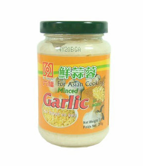 A jar of Six Fortune Minced Garlic 210g with product information in Chinese characters, indicating it is a Chinese-made garlic condiment.