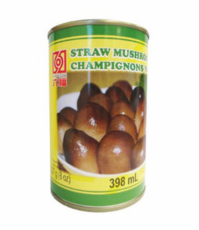 A can of Six Fortune straw mushrooms, showing the mushrooms whole and the can label with product information.