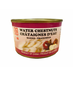 A can of Six Fortune brand sliced water chestnuts, with a label indicating that it is a product of China.