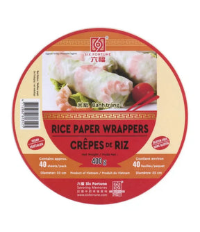 Packaging of rice paper wrappers with branding and product information.