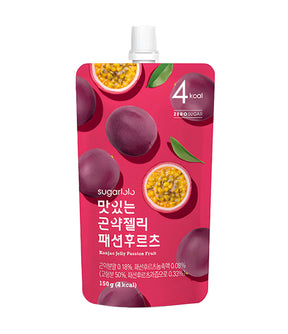 A pouch of Sugarlolo Konjac Jelly with passion fruit flavor, displaying whole passion fruits and the product name in both English and Korean.