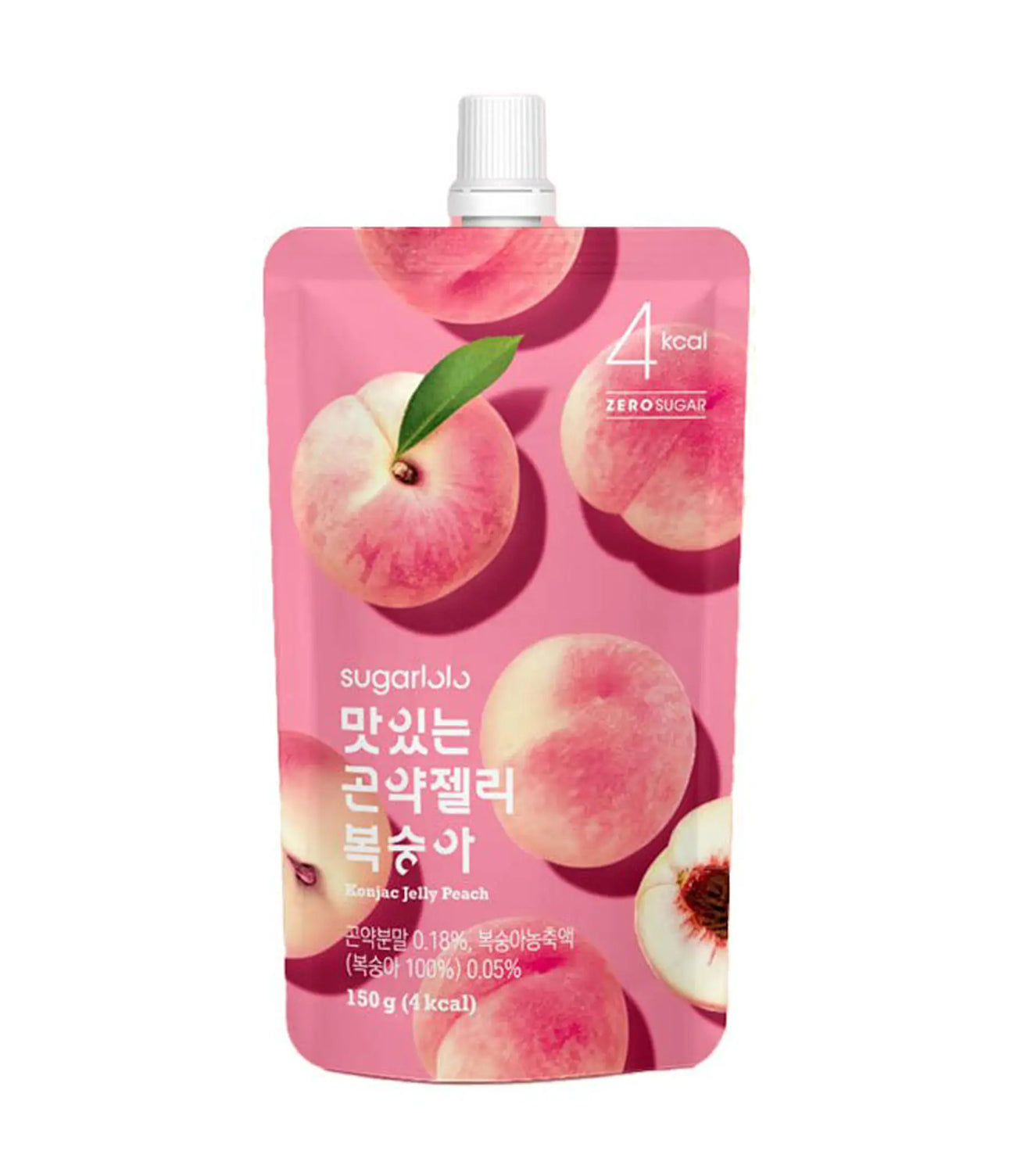 A pouch of Sugarlolo Konjac Jelly with peach flavor, showing images of peaches and the brand's logo.