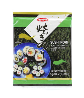Packaging of Sukina Roasted Seaweed Sushi Nori showing the product name, weight, and an image of sushi rolls. The package is green and white with product information in English and Korean.