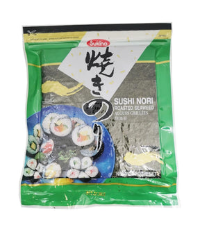 Packaging of Sukina Roasted Seaweed Sushi Nori showing the product name, weight, and an image of sushi rolls,less the seaweed.