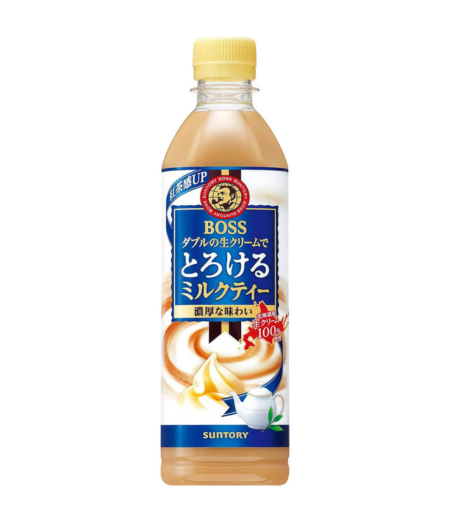 Bottle of Boss milk tea with Japanese text on a white background