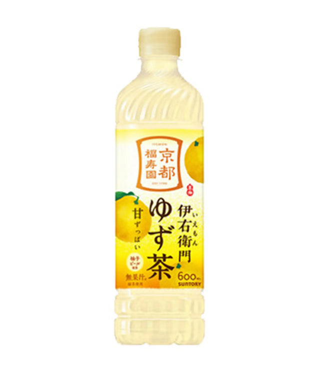 A bottle of Japanese tea with a yellow label featuring orange and yellow illustrations, photographed against a plain white background.