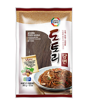 Packaging for Surasang Acorn Starch Noodle 340g, displaying the product name in English and Korean, with an image of the noodles in a dish and the ingredients listed as sweet potato starch and acorn starch.