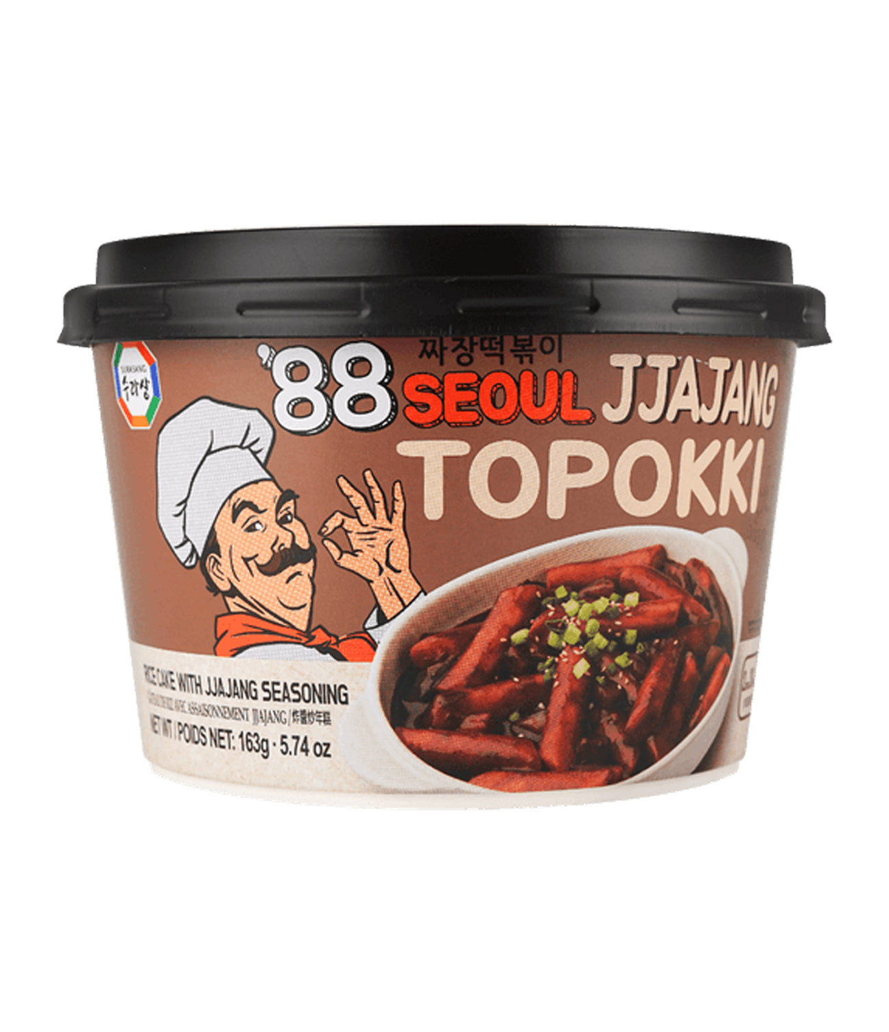 Packaging of Surasang Jjajang Topokki, showing the product name, an illustration of a chef, and an image of the noodles with sauce.