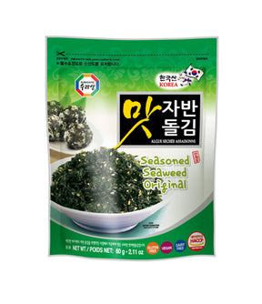 Packaged seasoned seaweed product from Korea, labeled as 'Seasoned Seaweed Original' in a green and white package.