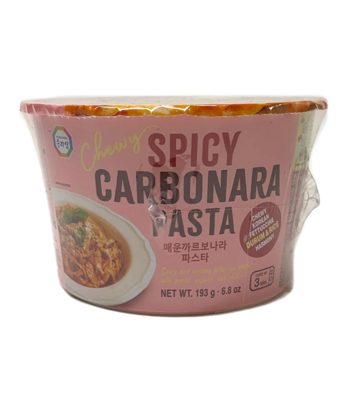 Spicy Carbonara Pasta container with pink label on a white background