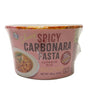 Spicy Carbonara Pasta container with pink label on a white background