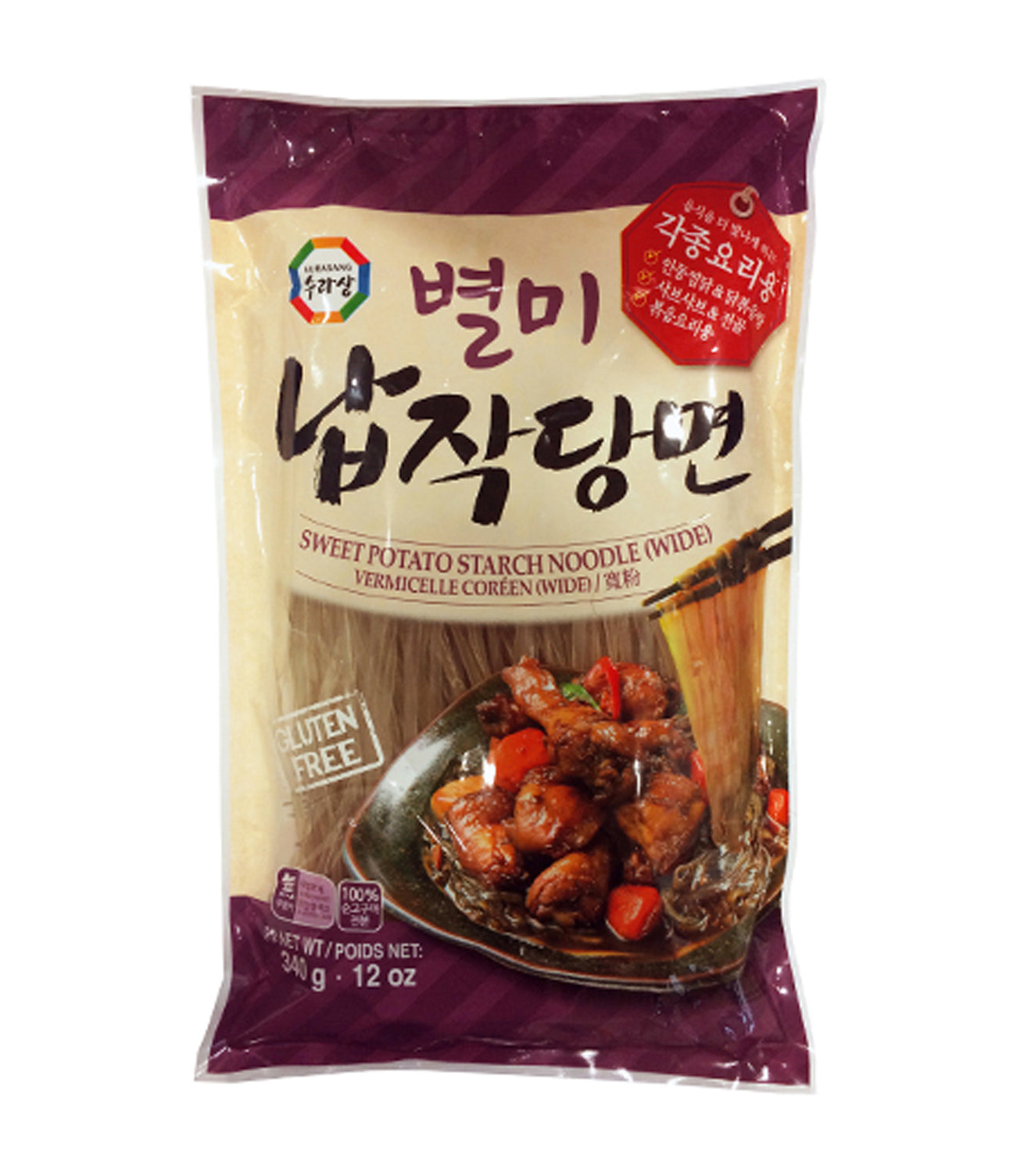 Packaging for Surasang Sweet Potato Starch Noodle (Wide) showing the product name, weight, and an image of the noodles.