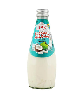 A bottle of TAS Coconut Milk Drink with milk original, featuring a white liquid inside a clear glass bottle with a teal label and silver cap, on a white background.