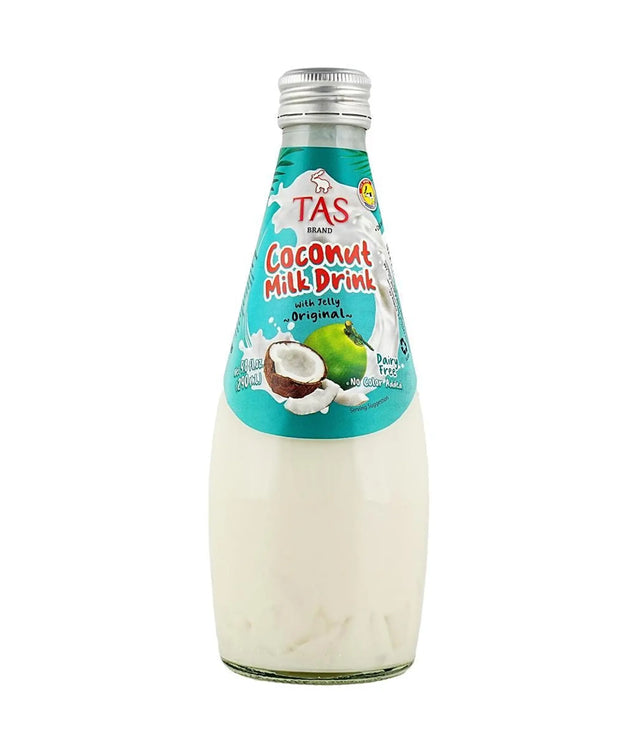 A bottle of TAS Coconut Milk Drink with milk original, featuring a white liquid inside a clear glass bottle with a teal label and silver cap, on a white background.