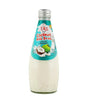 A bottle of TAS Coconut Milk Drink with milk original, featuring a white liquid inside a clear glass bottle with a teal label and silver cap, on a white background.