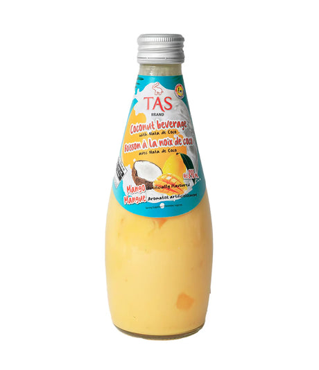 A bottle of TAS Brand Coconut Beverage with milk of copra (mangue de coco) mixed with mango purée, shown on a plain white background.