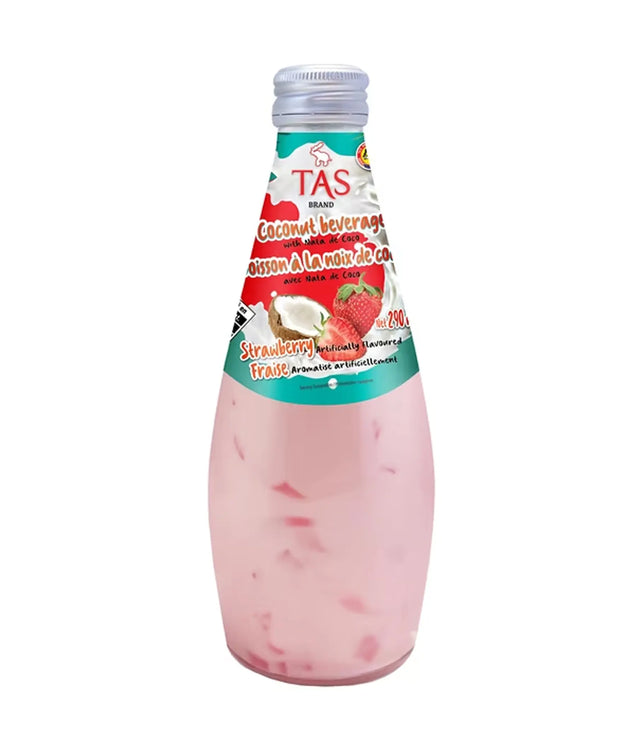A bottle of TAS Brand Coconut Beverage Strawberry flavor, filled with a light pink liquid and visible strawberry pieces, on a plain white background.