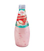 A bottle of TAS Brand Coconut Beverage Strawberry flavor, filled with a light pink liquid and visible strawberry pieces, on a plain white background.