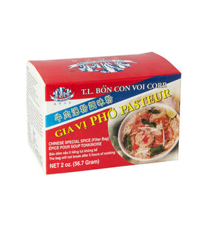 A package of TL Corp - Chinese Special Spice for Pho, showing the product name, weight, and an image of the soup on the front.