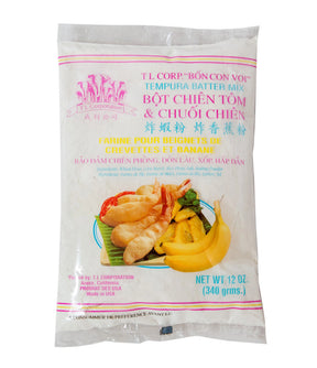 A package of TL Corp Tempura Batter Mix showing the product name, weight, and an image of tempura shrimp on the front.