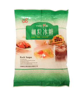Bag of rock sugar with green and white design on a white background