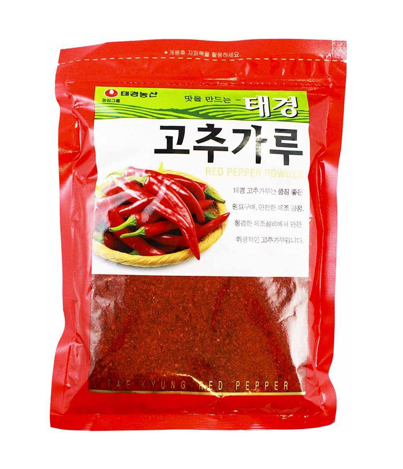 Packaging of Tae Kyung Red Pepper Powder (Coarse) 454g, displaying the product and its name in English and Korean, with a picture of red peppers.