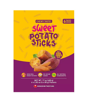 Packaging for Tae Kyung Sweet Potato Sticks showing the product and its features such as '100% Real Sweet Potatoes', 'No Sugar Added', and 'All Natural Ingredients'. The package indicates 6 packets inside.