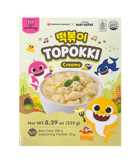 Topokki creamy rice cake packaging with Baby Shark characters on a white background