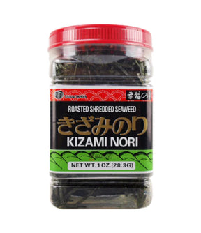 A plastic jar containing roasted shredded seaweed, with a label displaying the product name and weight.