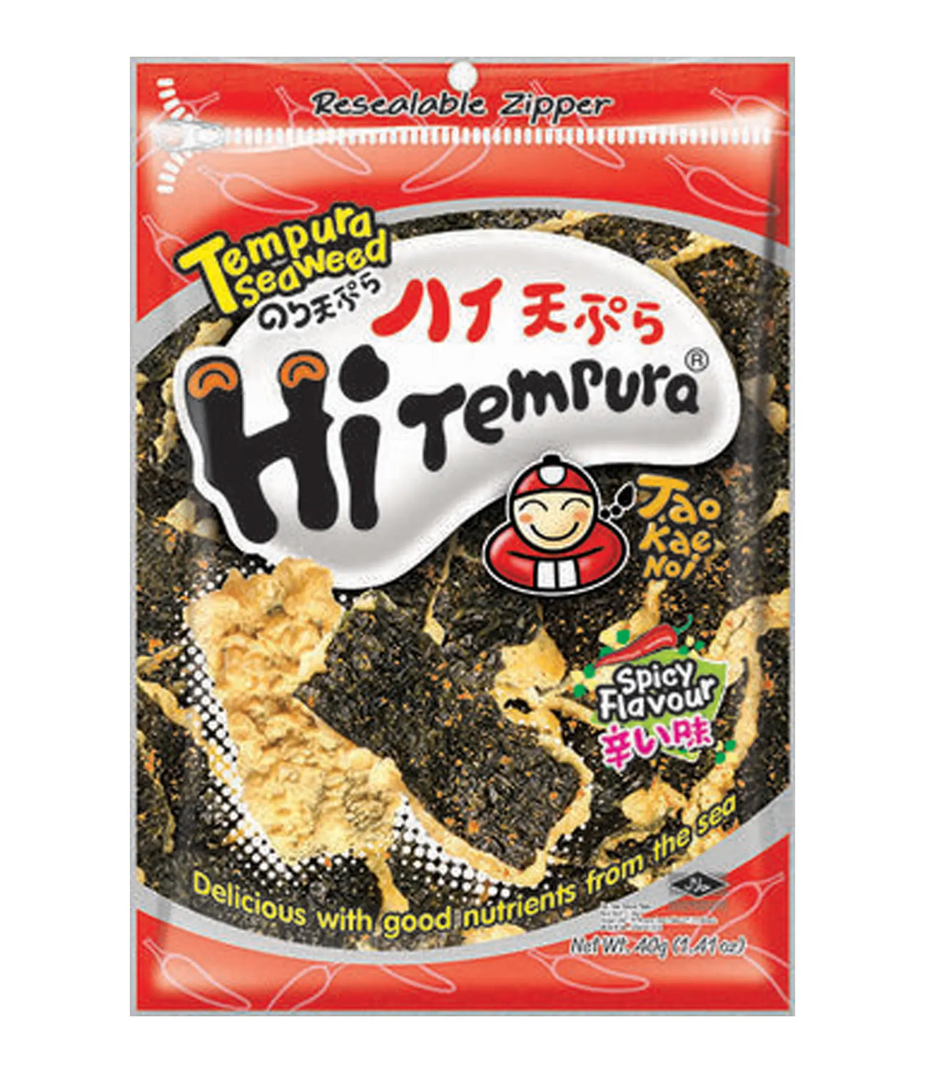 Packaging of Tao Kae Noi Tempura Seaweed in Spicy Flavour, with product visible through a clear window.