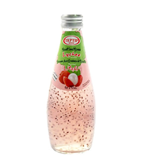 Bottle of lychee-flavored soft drink with a green label on a white background