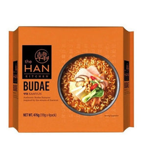 Packaging of The Han Kitchen Budae Ramyun showing a bowl of ramyun noodles with toppings, and the product is marked as a product of Korea.