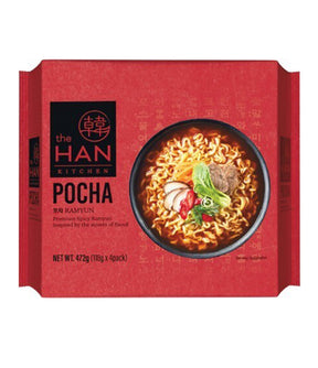 Packaging of The Han Kitchen Pocha Ramyun showing a bowl of spicy ramen noodles with vegetables and a egg, indicating it is a product of Korea.