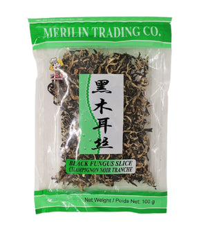 Packaged black fungus slices in a clear plastic bag with a green and white label, indicating the product is Merilin brand, weight is 100g, and it's a product of China.