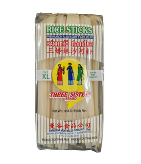 Packaging of 'Three Sisters - Rice Sticks (XL) 454g' showing the product name, weight, and indicating that it is a product of Thailand.
