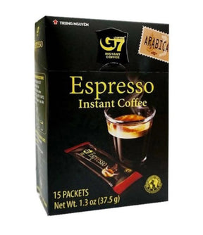 A box of Trung Nguyen G7 Coffee Espresso Instant Coffee with 15 packets, displaying a picture of a cup of coffee and the Halal certification logo.
