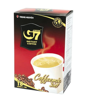 A box of Trung Nguyen G7 Instant Coffee 3 in 1 with 18x16g pack size, displaying the product name and coffee beans imagery on the front.