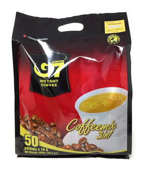 G7 Instant Coffee package with coffee beans and a cup of coffee on a white background