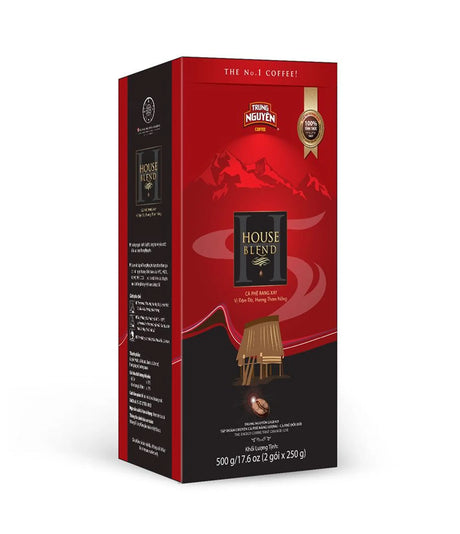 Red and black coffee packaging with brand logo on a white background